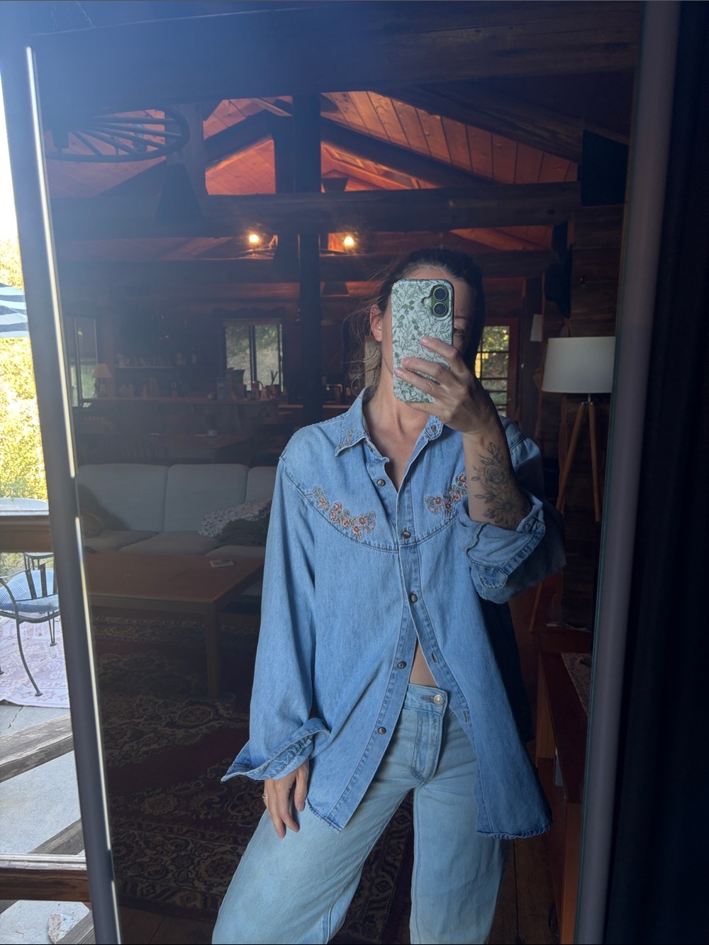 Embroidered Light Blue Denim Button-Down Shirt